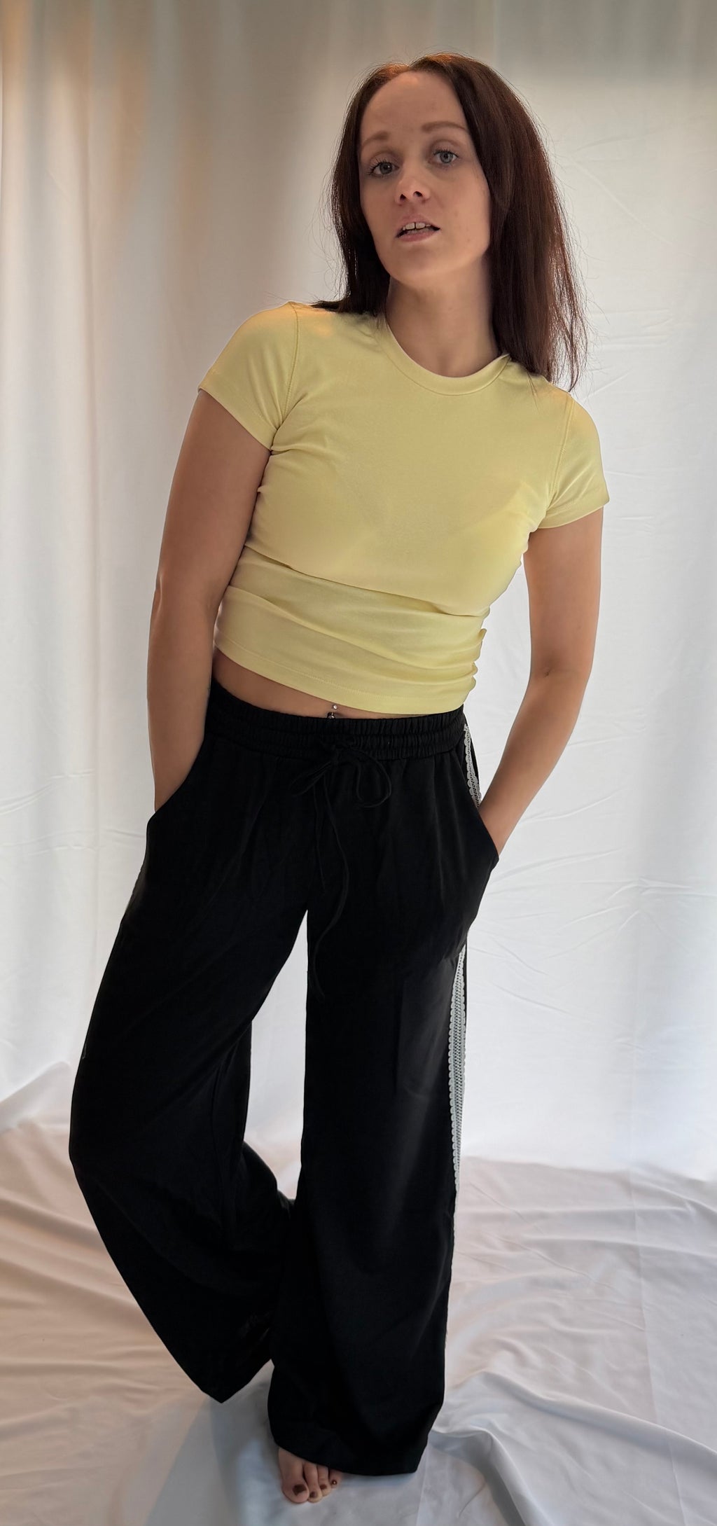 Lace-trim Wide-leg Track Pants with Drawstring