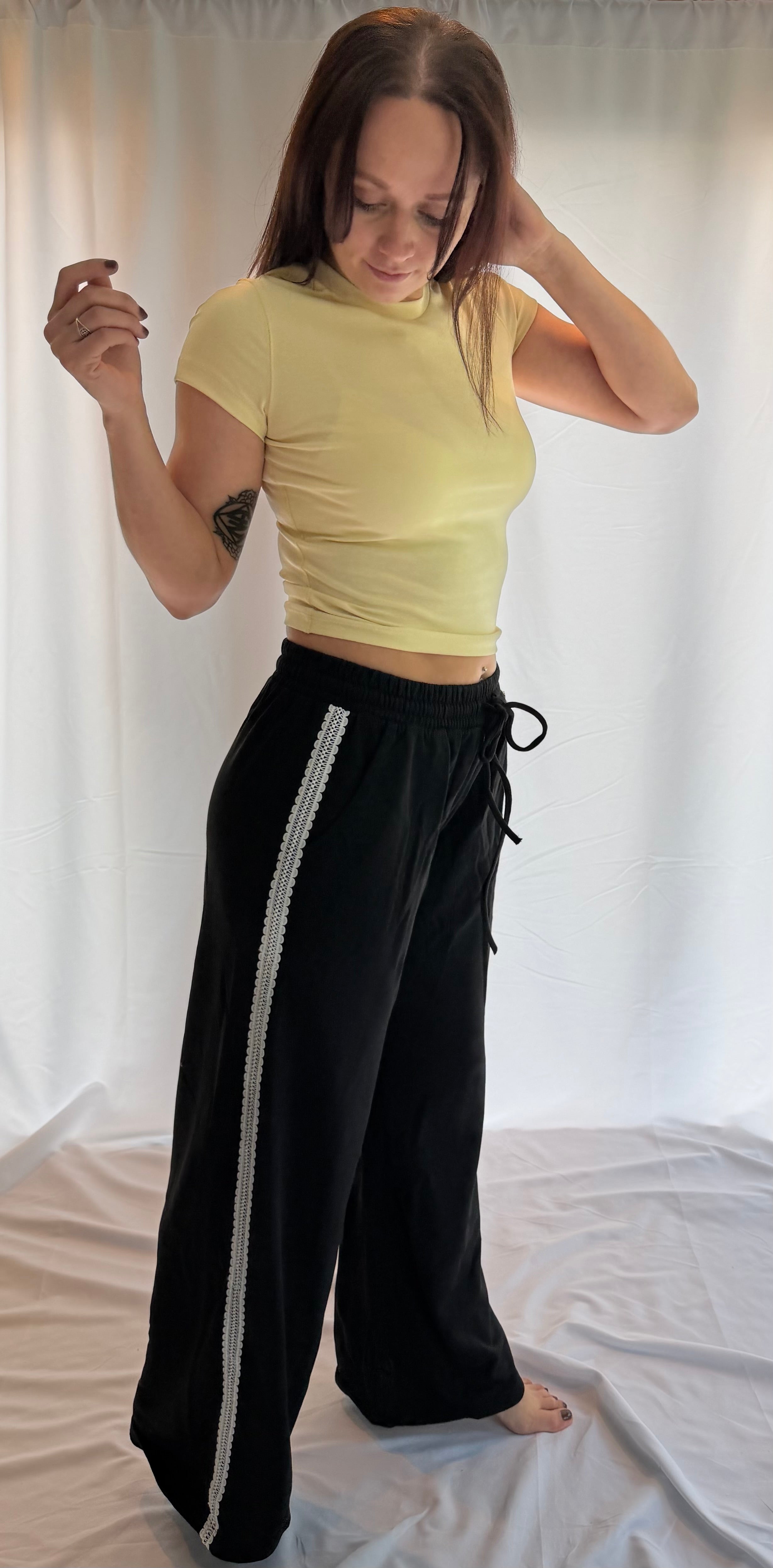 Lace-trim Wide-leg Track Pants with Drawstring