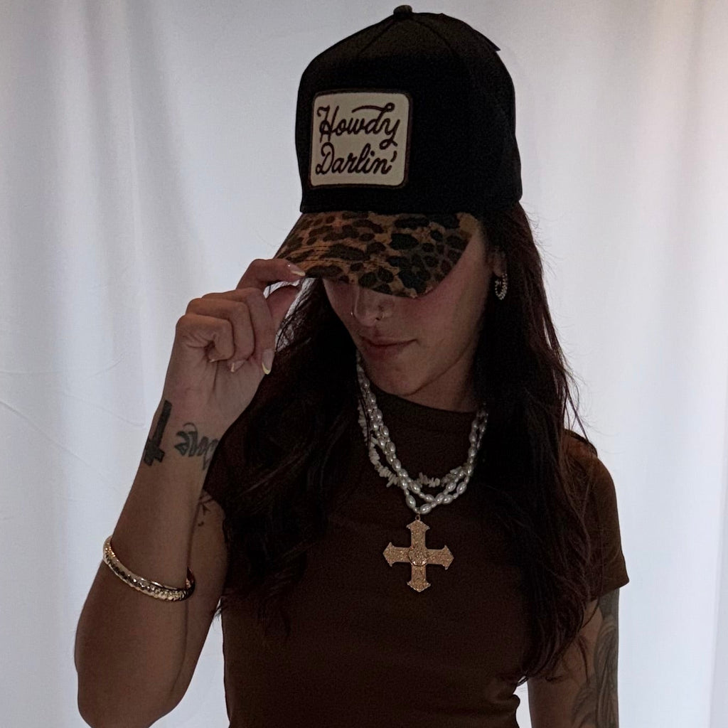 Howdy Darlin’ Embroidered Leopard Brim Trucker Hat