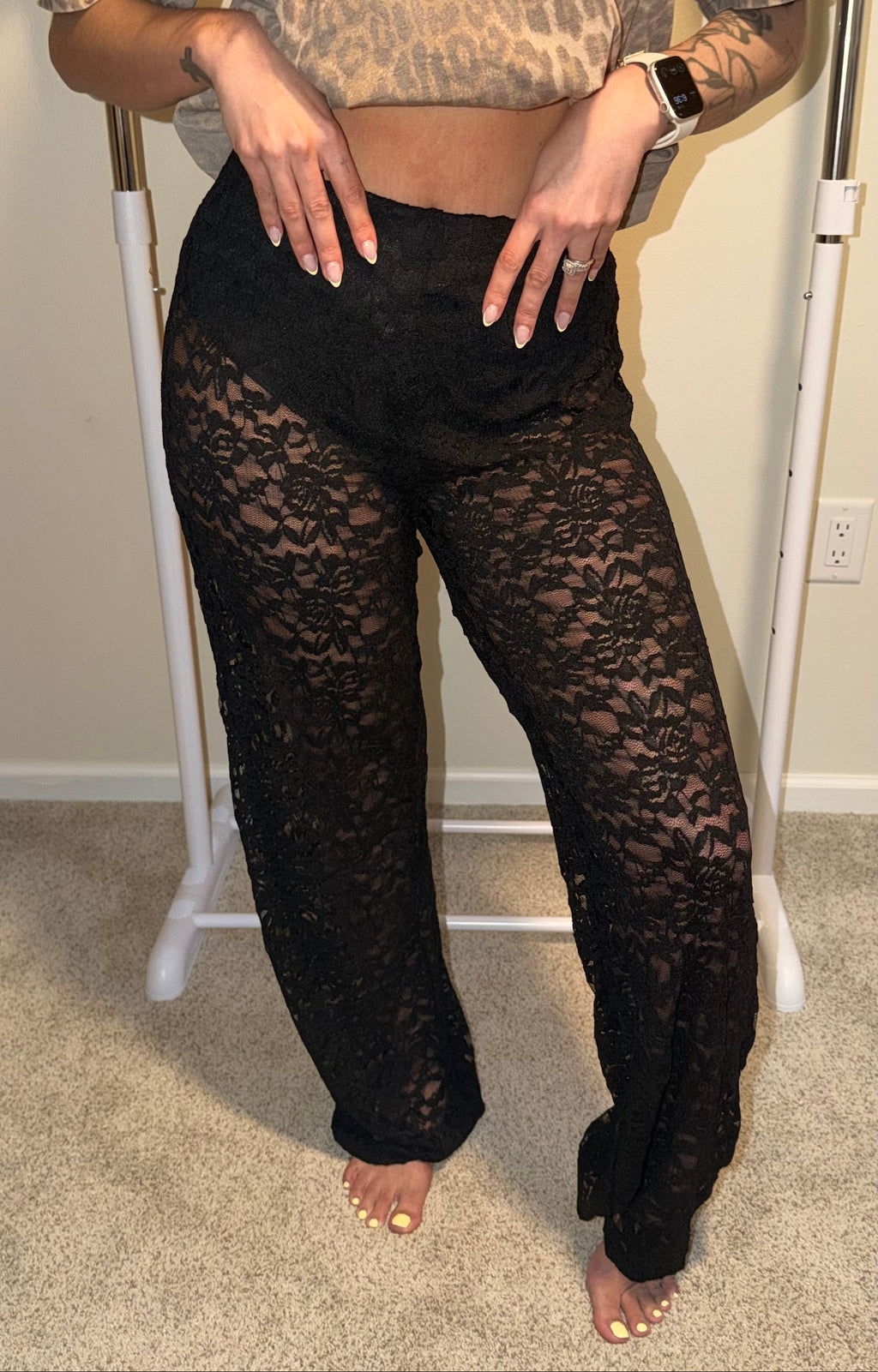 Sheer Lace Straight Leg Pants with Lining