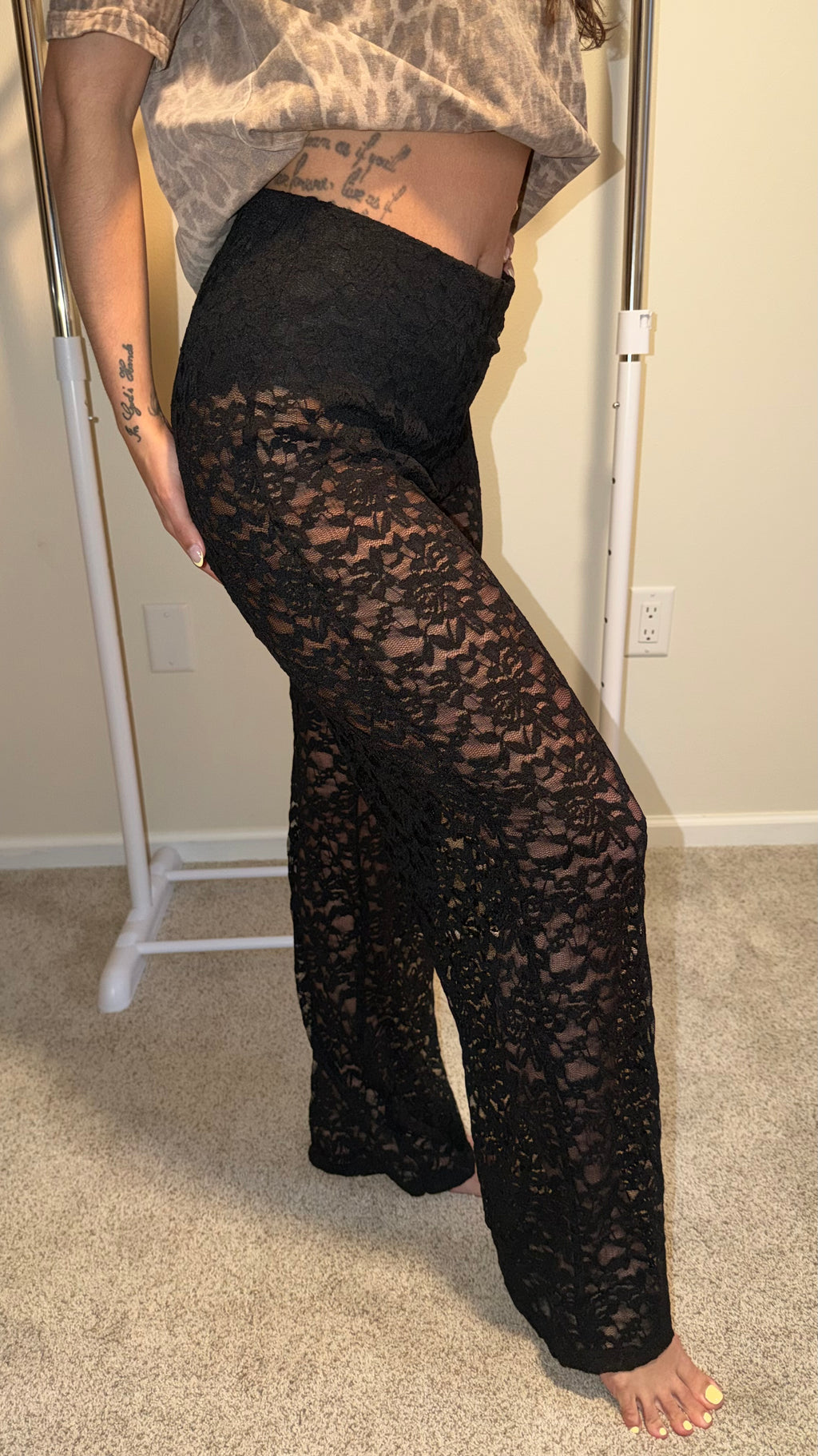 Sheer Lace Straight Leg Pants with Lining