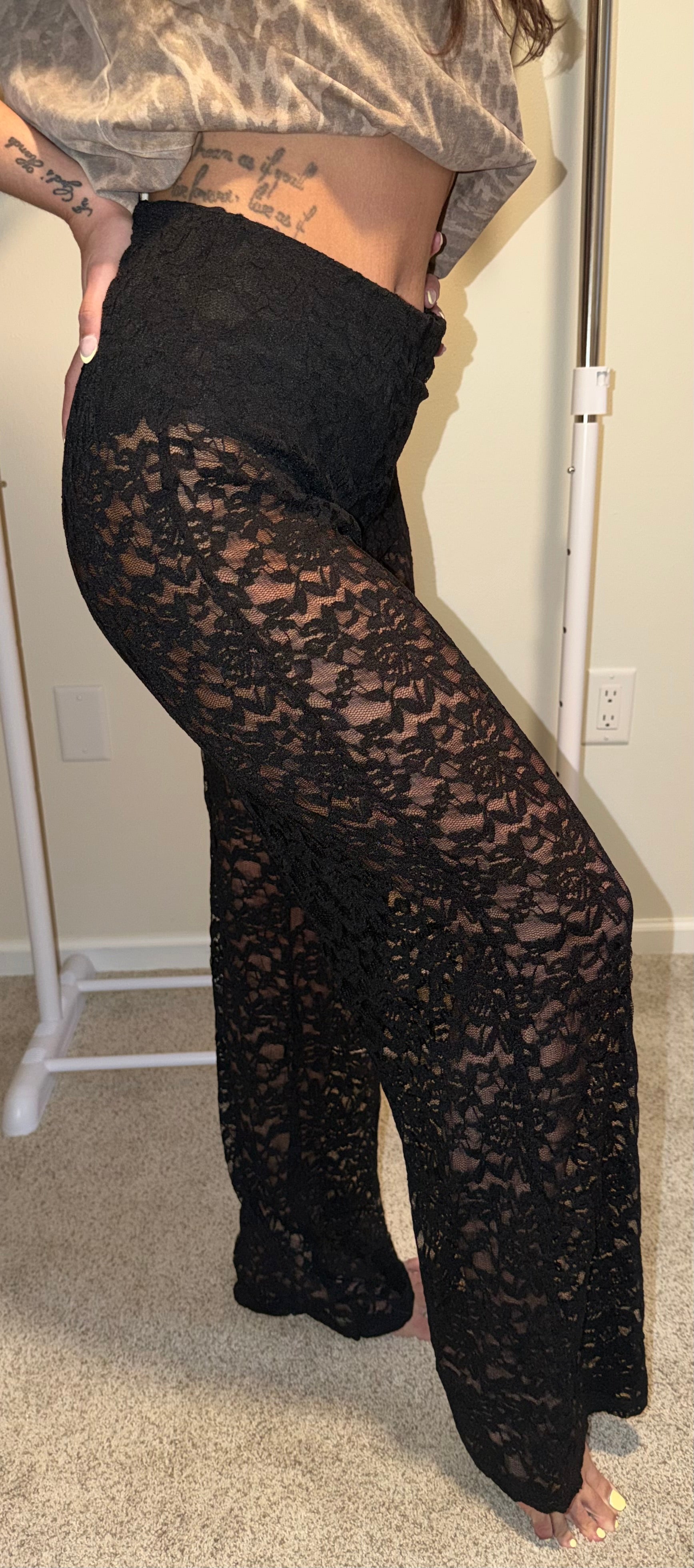 Sheer Lace Straight Leg Pants with Lining