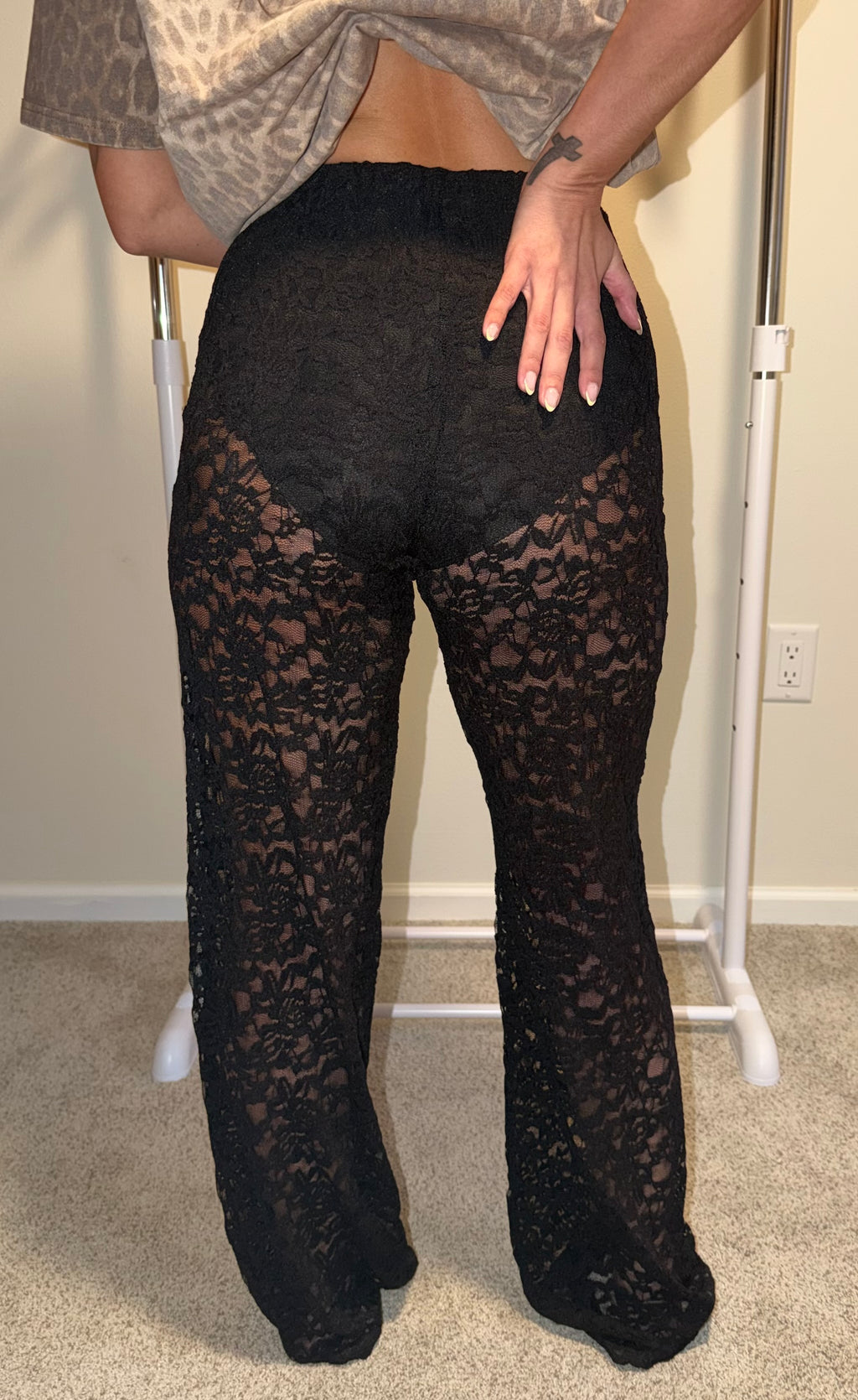 Sheer Lace Straight Leg Pants with Lining