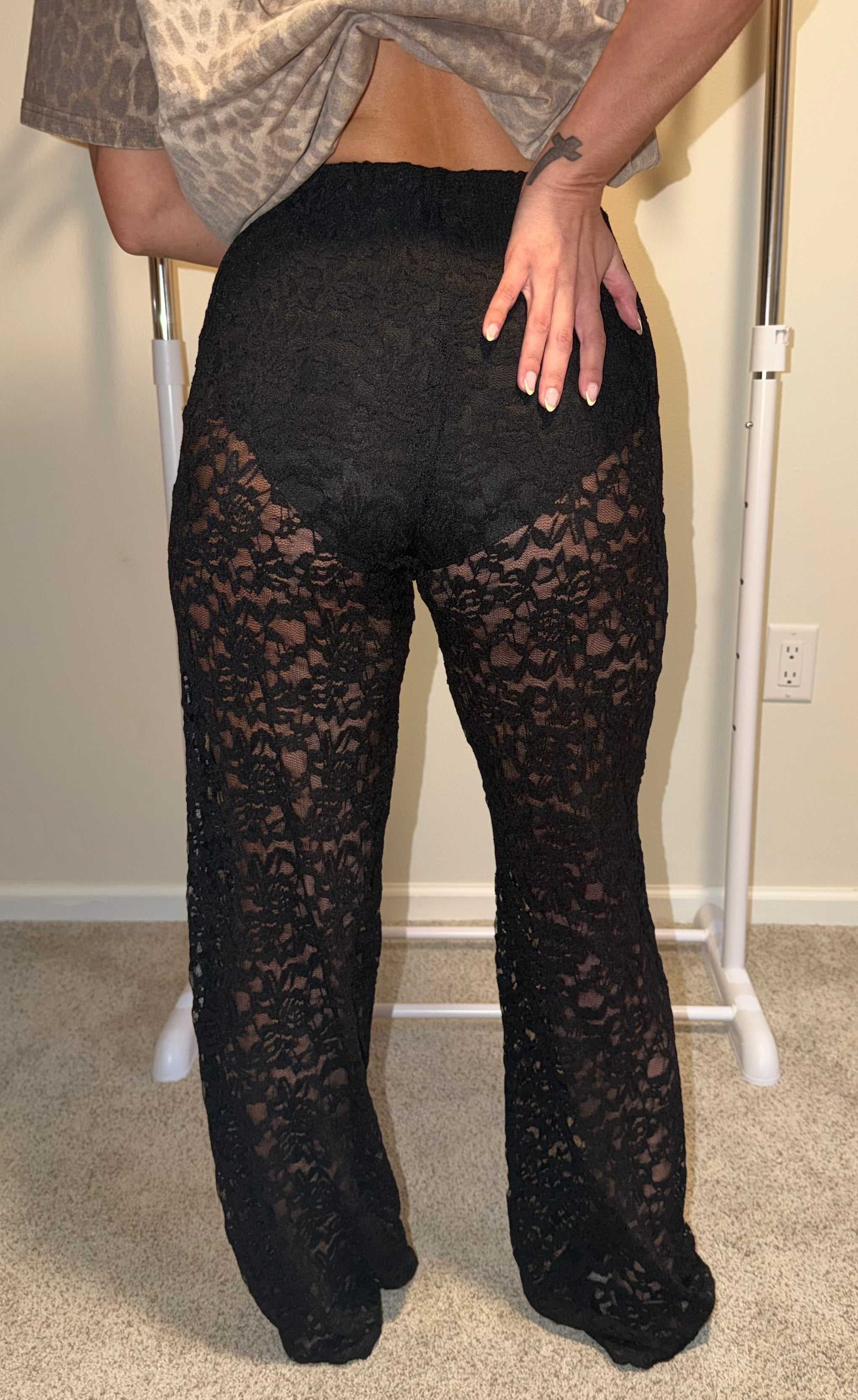Sheer Lace Straight Leg Pants with Lining