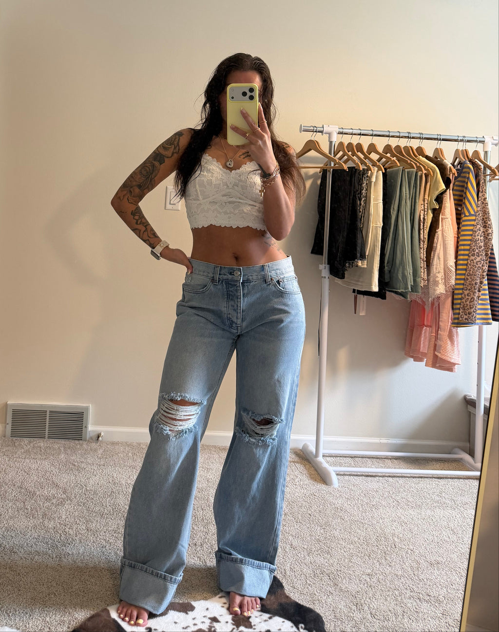 Vintage Fold & Distressed Wide-Leg Jeans