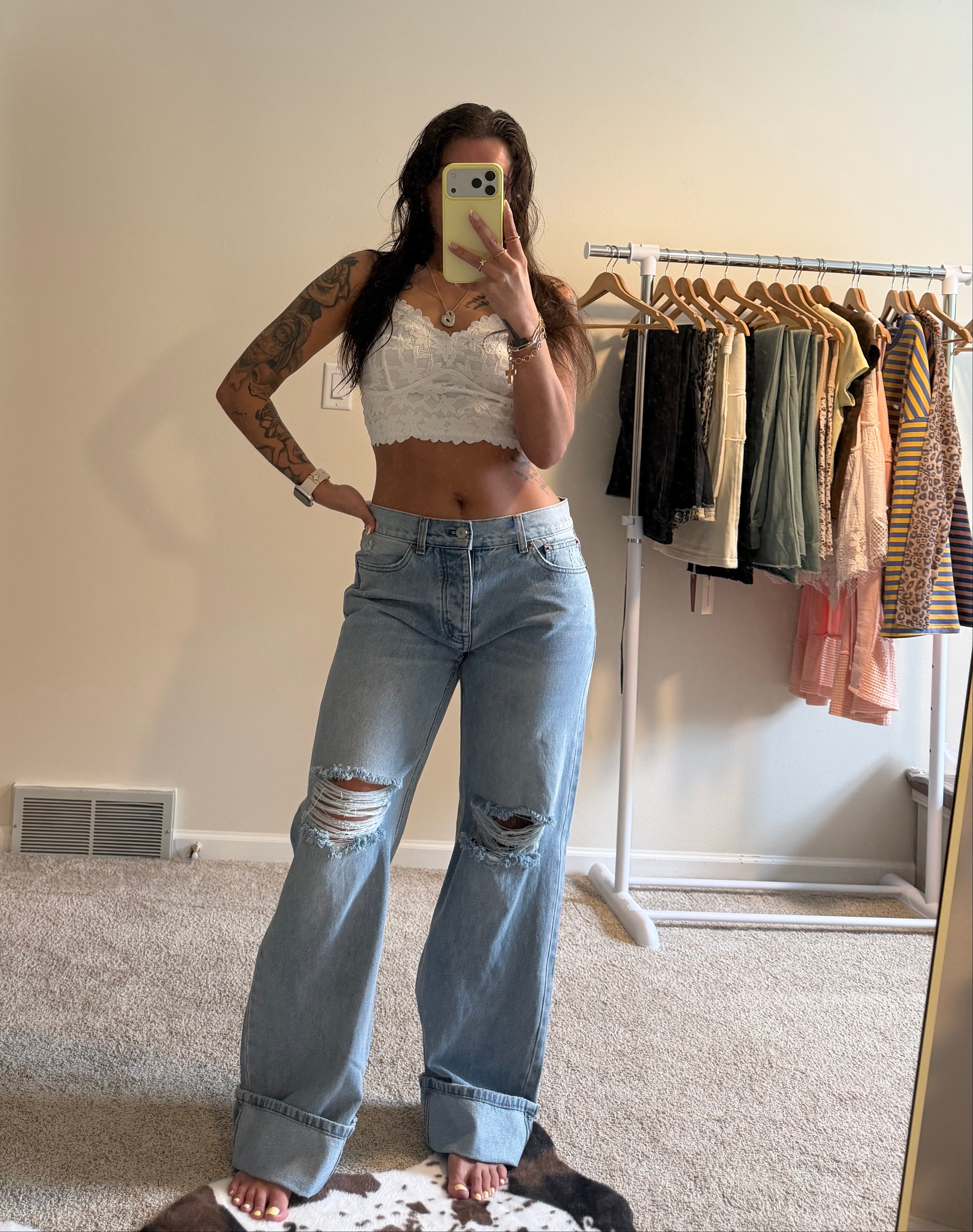 Vintage Fold & Distressed Wide-Leg Jeans
