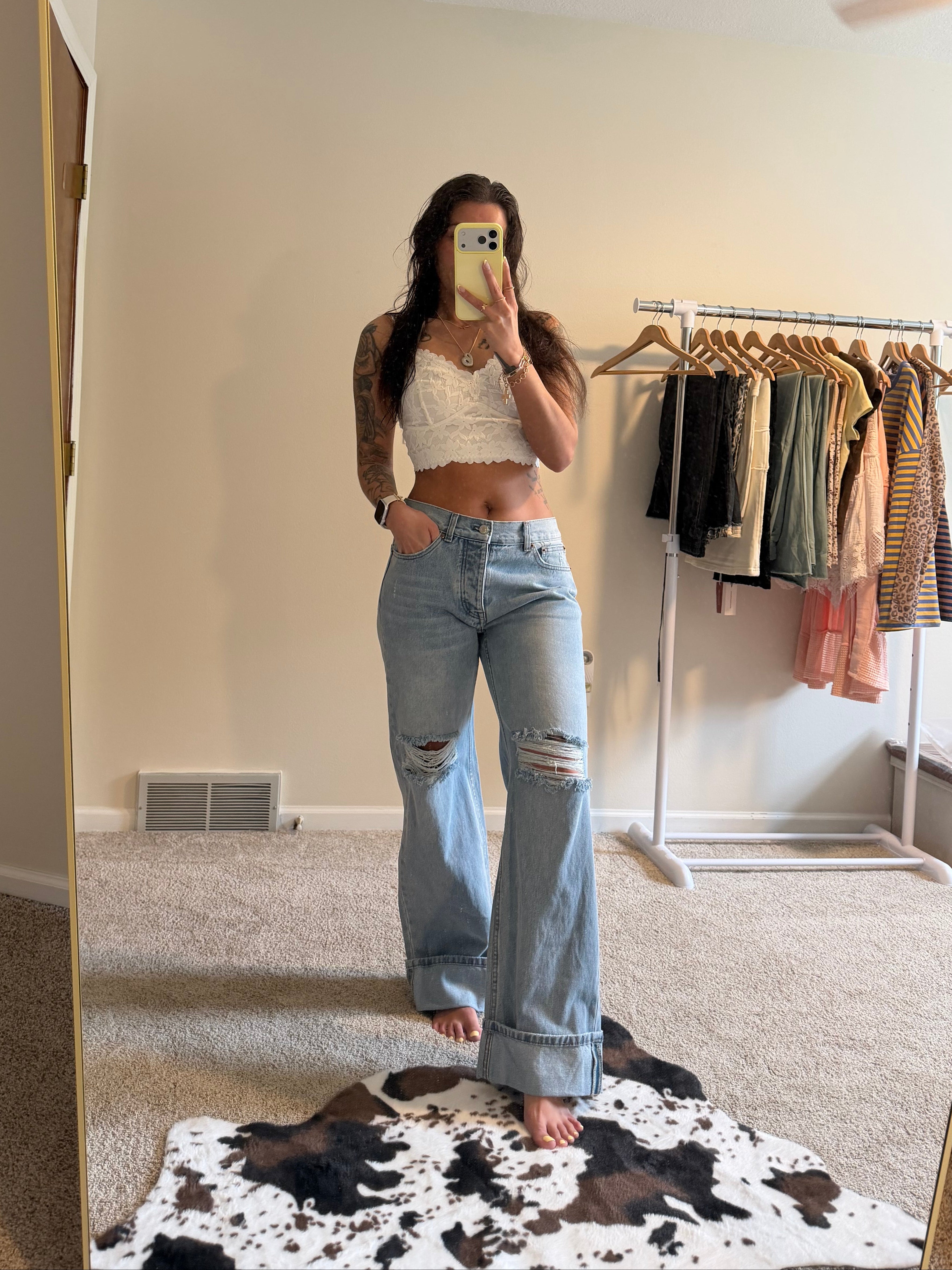 Vintage Fold & Distressed Wide-Leg Jeans