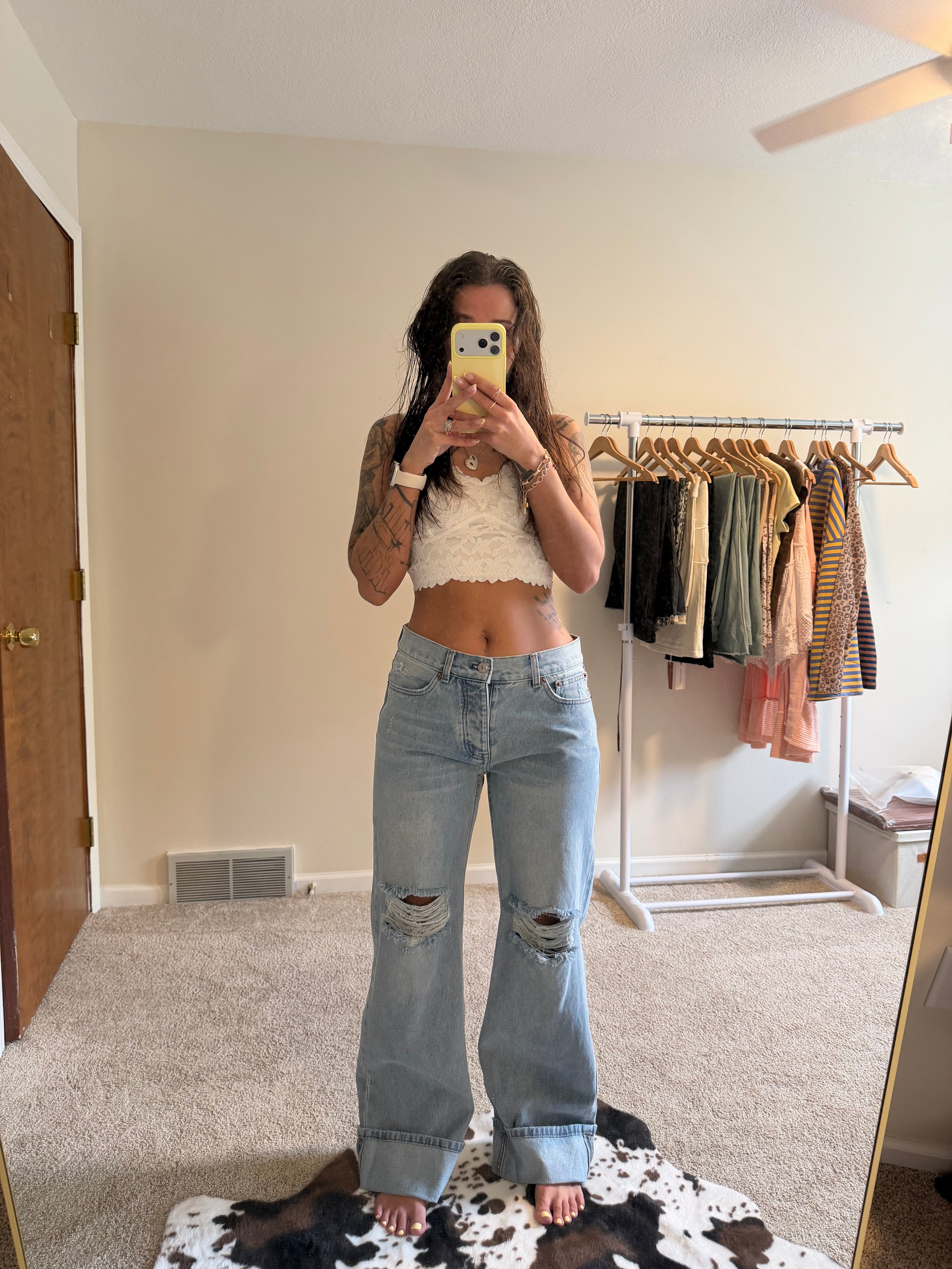 Vintage Fold & Distressed Wide-Leg Jeans
