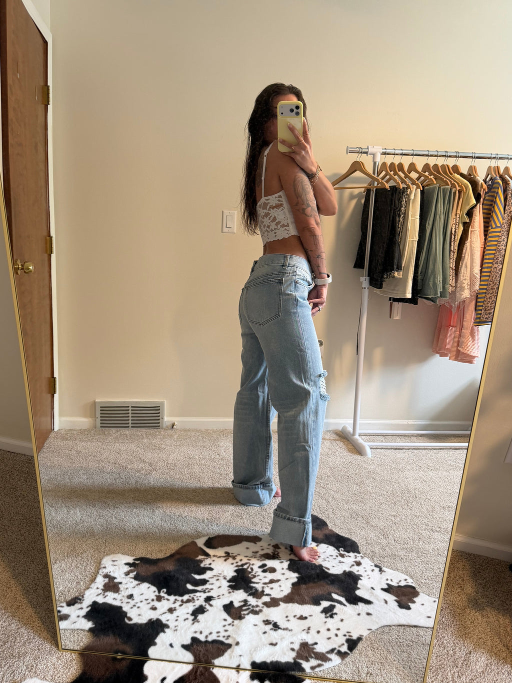 Vintage Fold & Distressed Wide-Leg Jeans