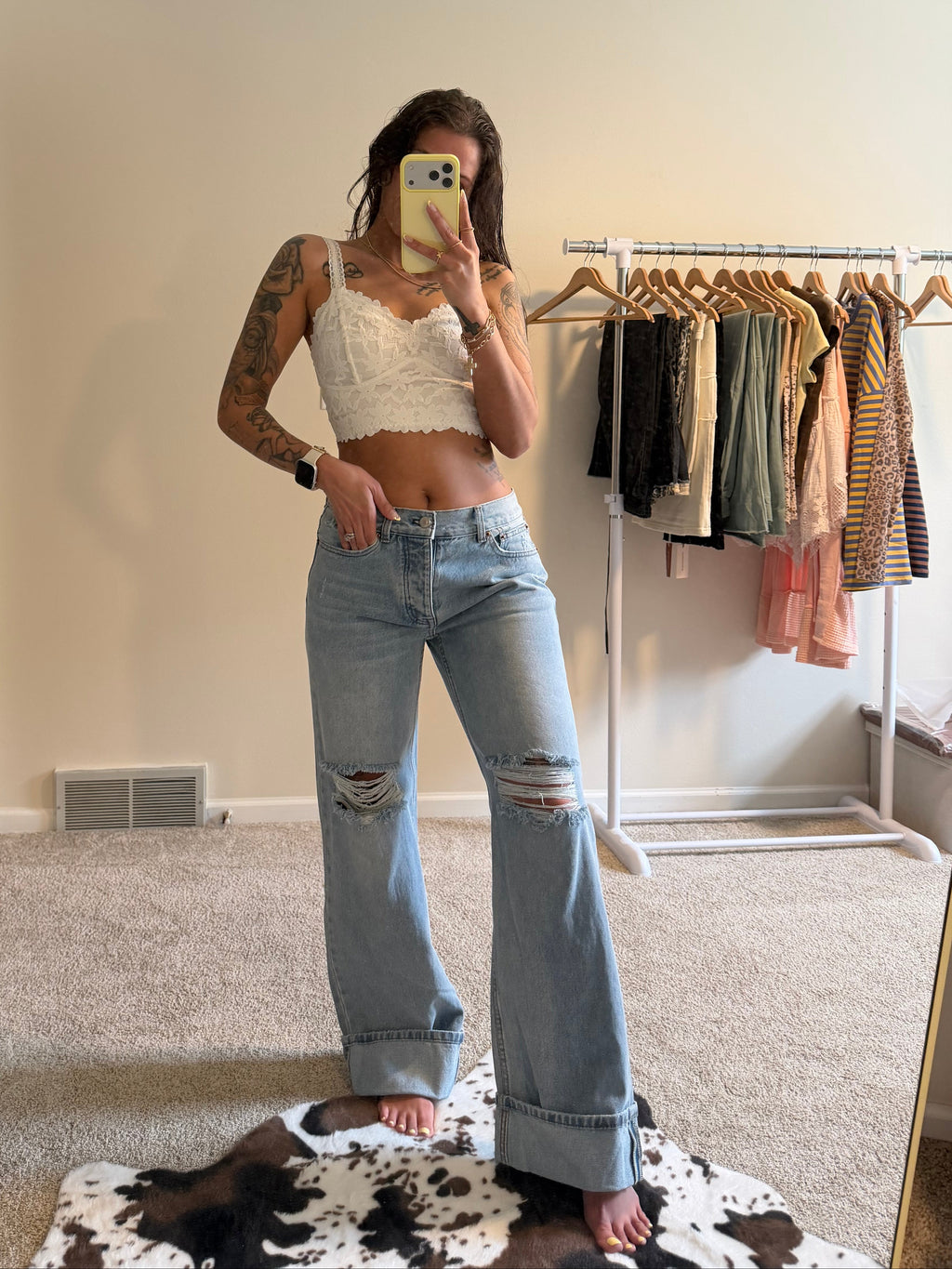 Vintage Fold & Distressed Wide-Leg Jeans