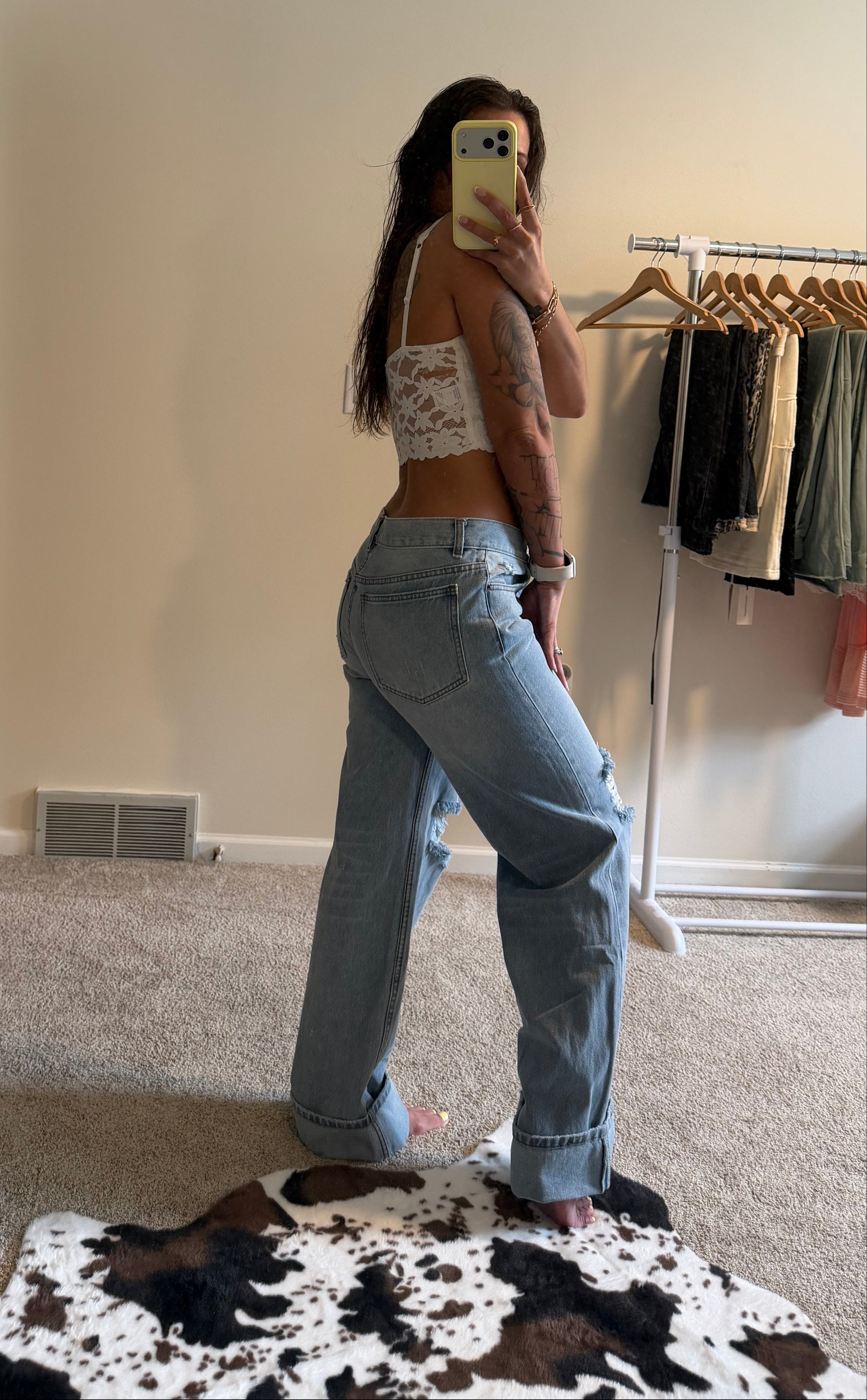 Vintage Fold & Distressed Wide-Leg Jeans