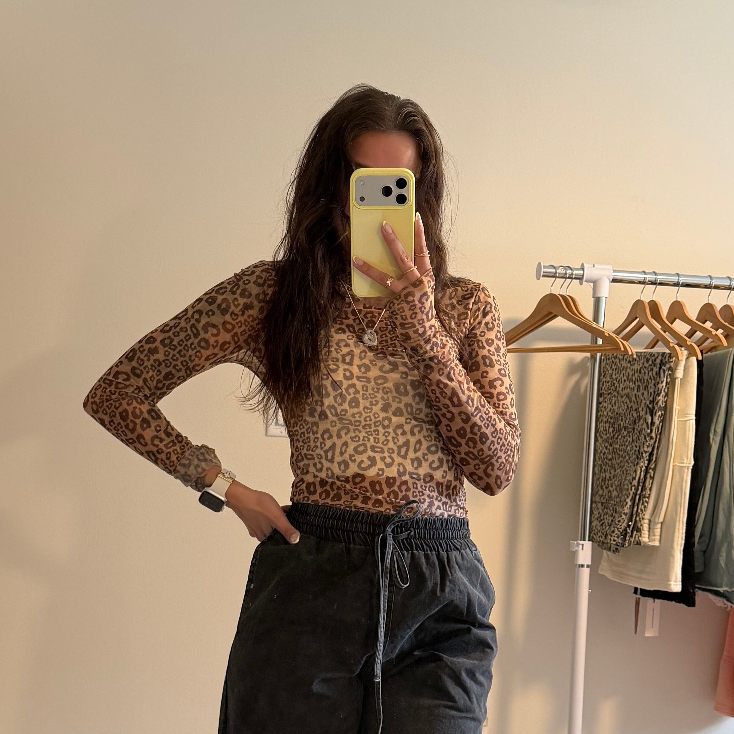 Leopard Thumbhole Sheer Lace Top