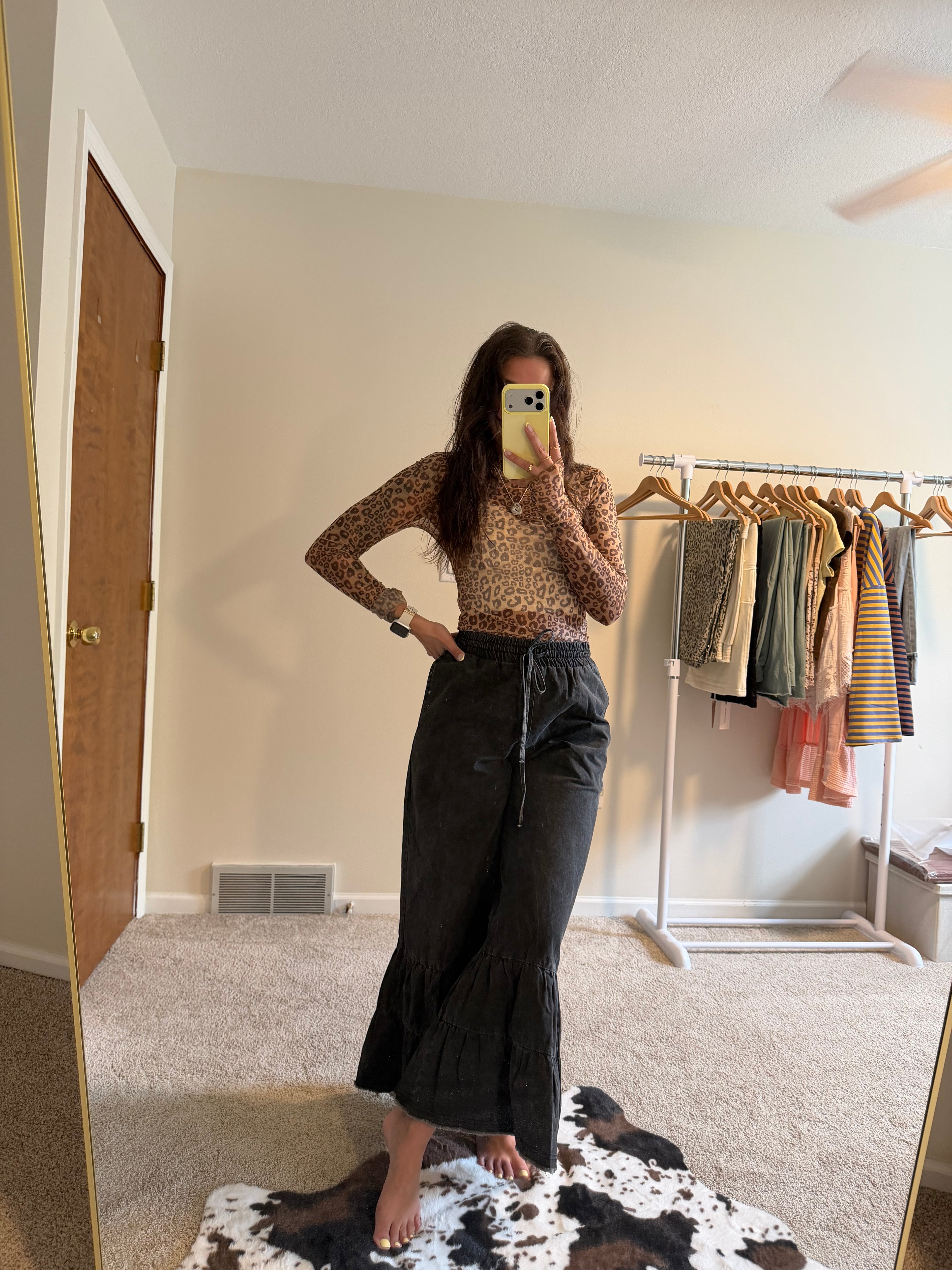Stone Washed Woven Tiered Ruffle Wide Leg Pants