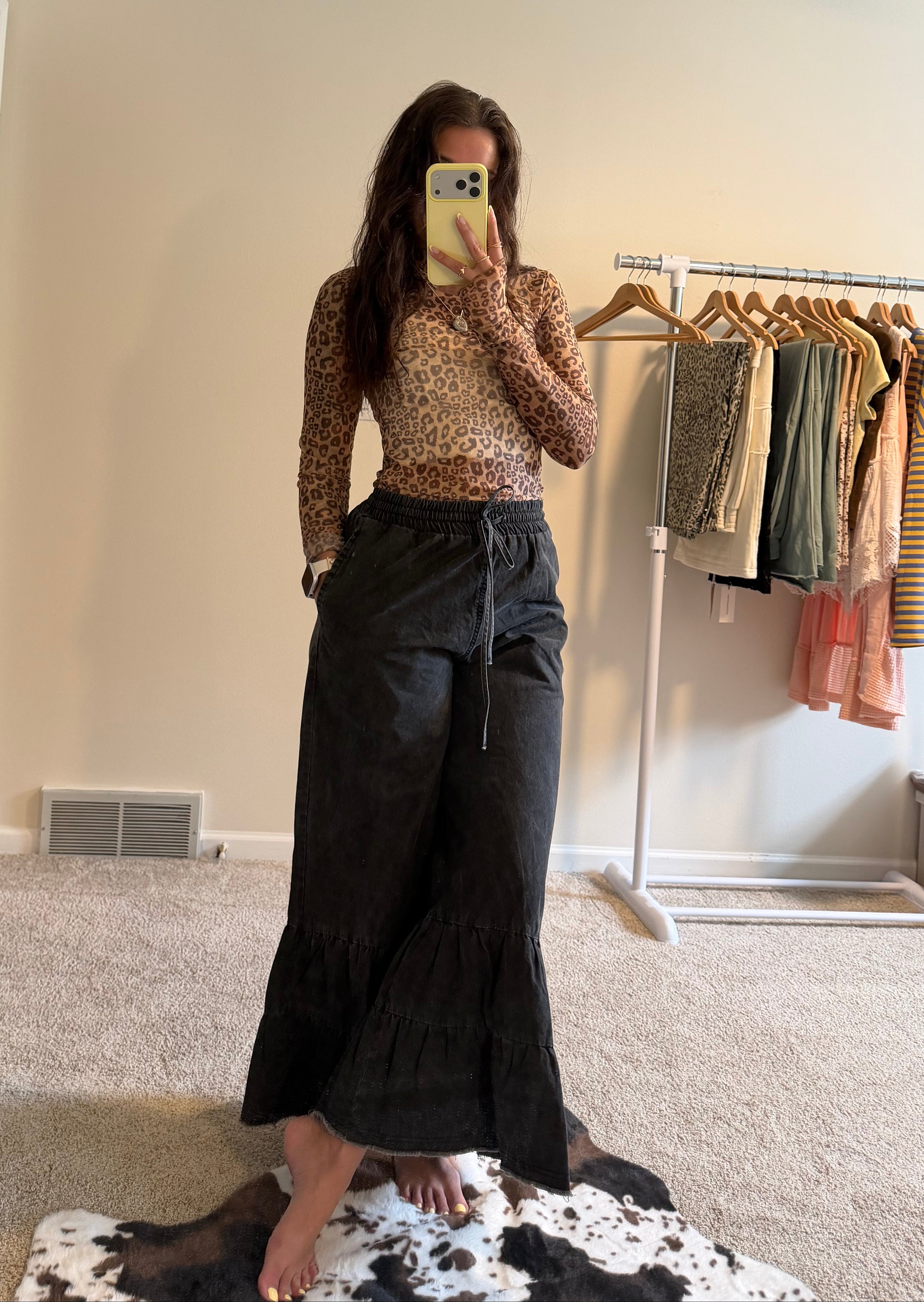 Stone Washed Woven Tiered Ruffle Wide Leg Pants