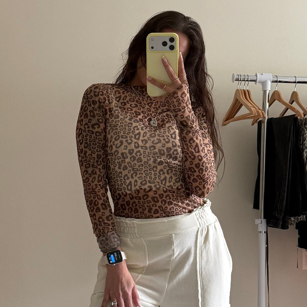 Leopard Thumbhole Sheer Lace Top