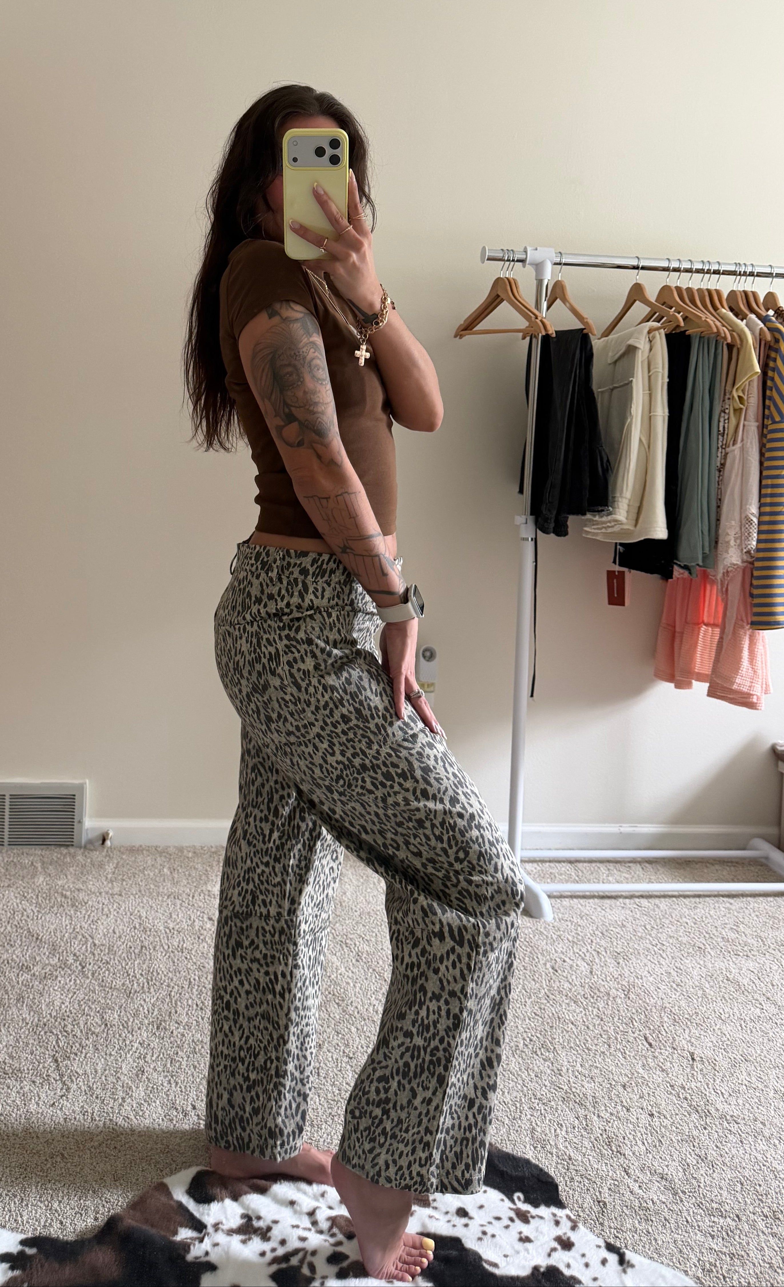 Leopard Print Low-Rise Barrel-Leg Denim