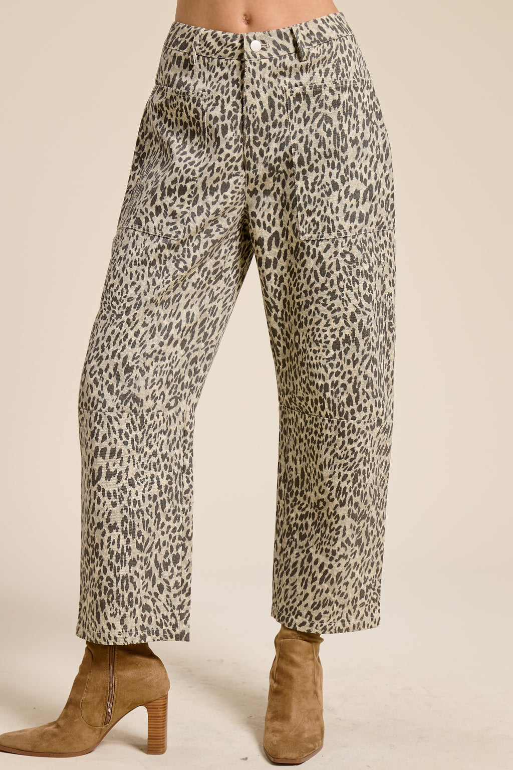 Leopard Print Low-Rise Barrel-Leg Denim