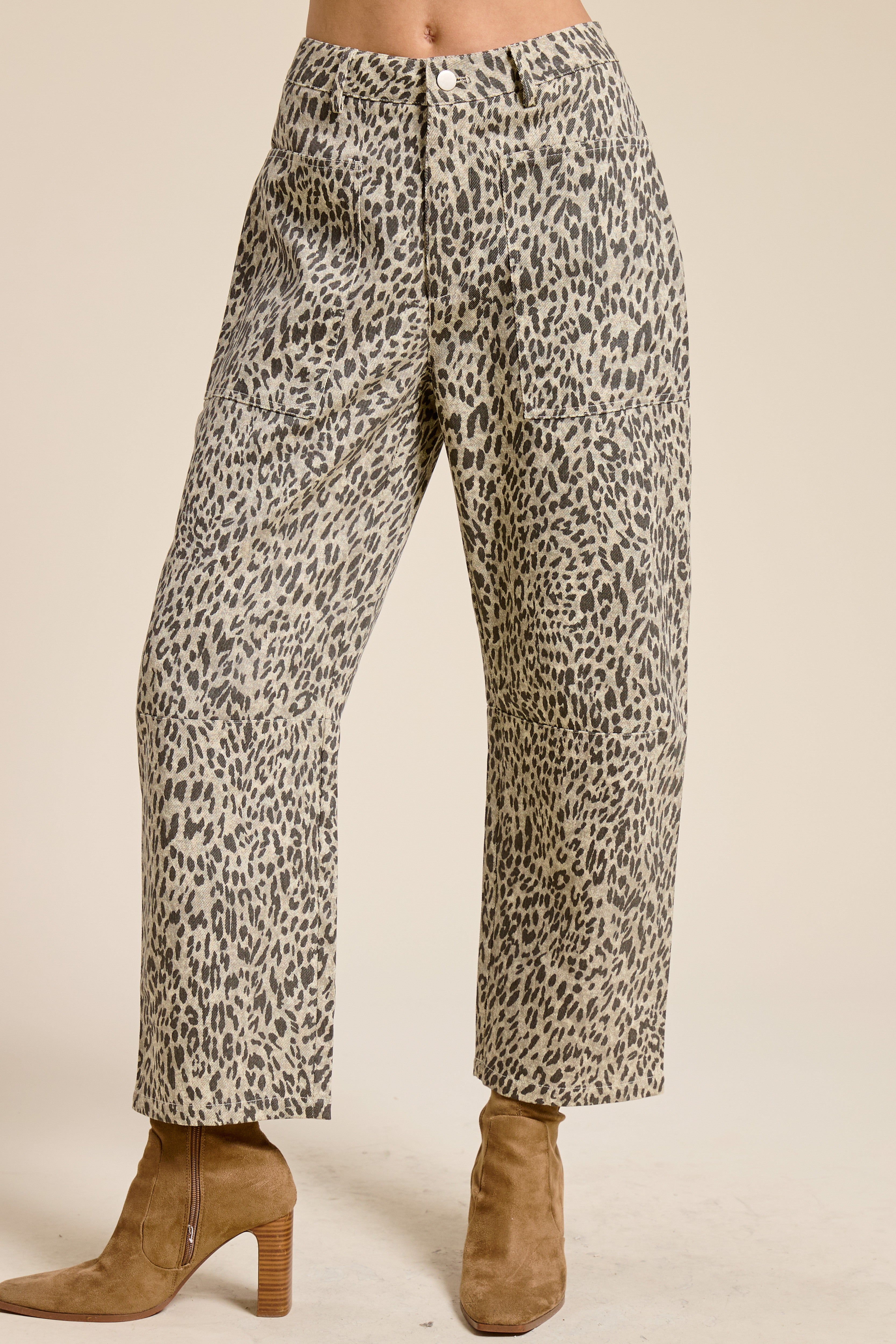 Leopard Print Low-Rise Barrel-Leg Denim