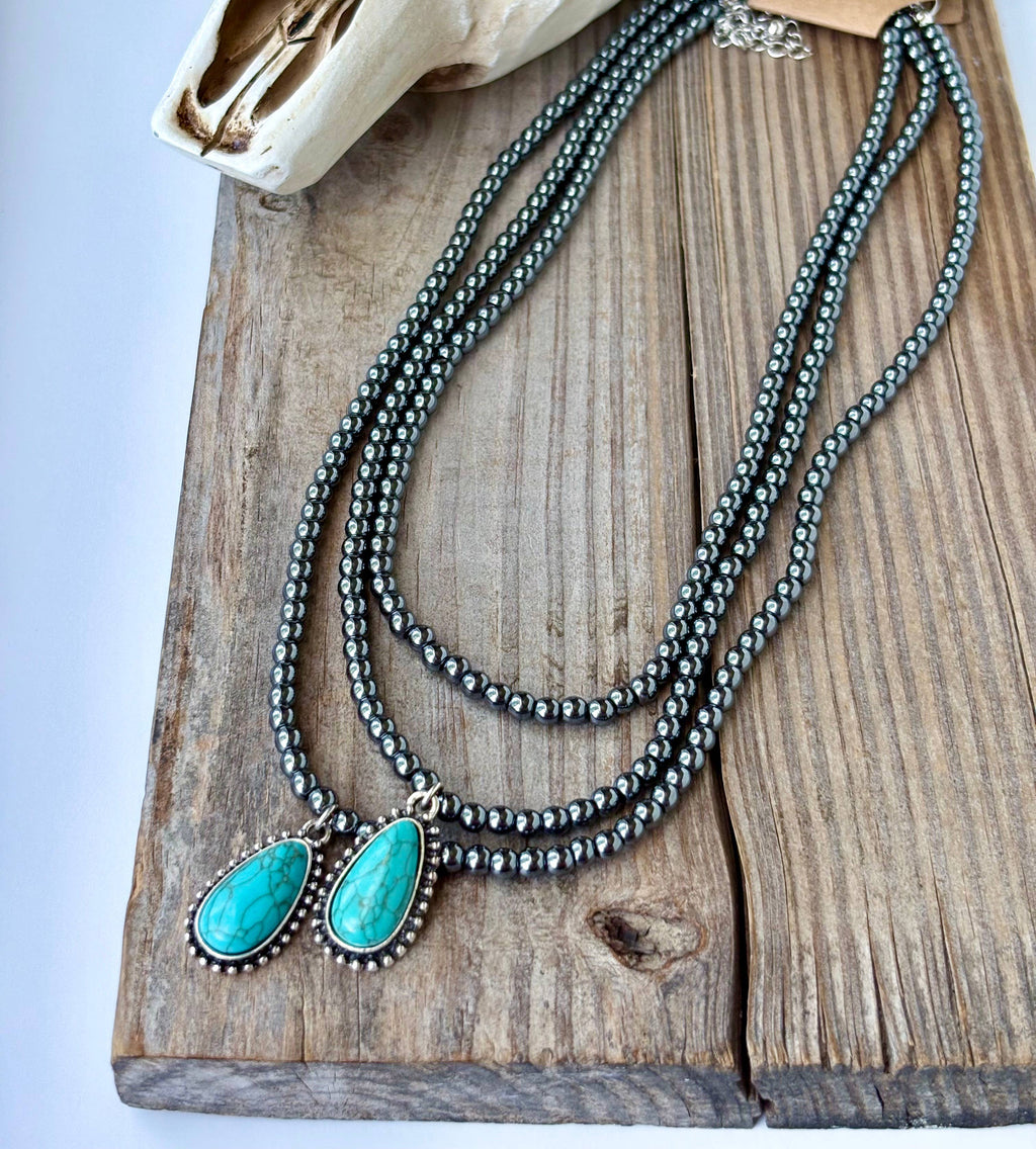 3 Layer Beaded Necklace w/ Teardrop Turquoise Stone Pendant