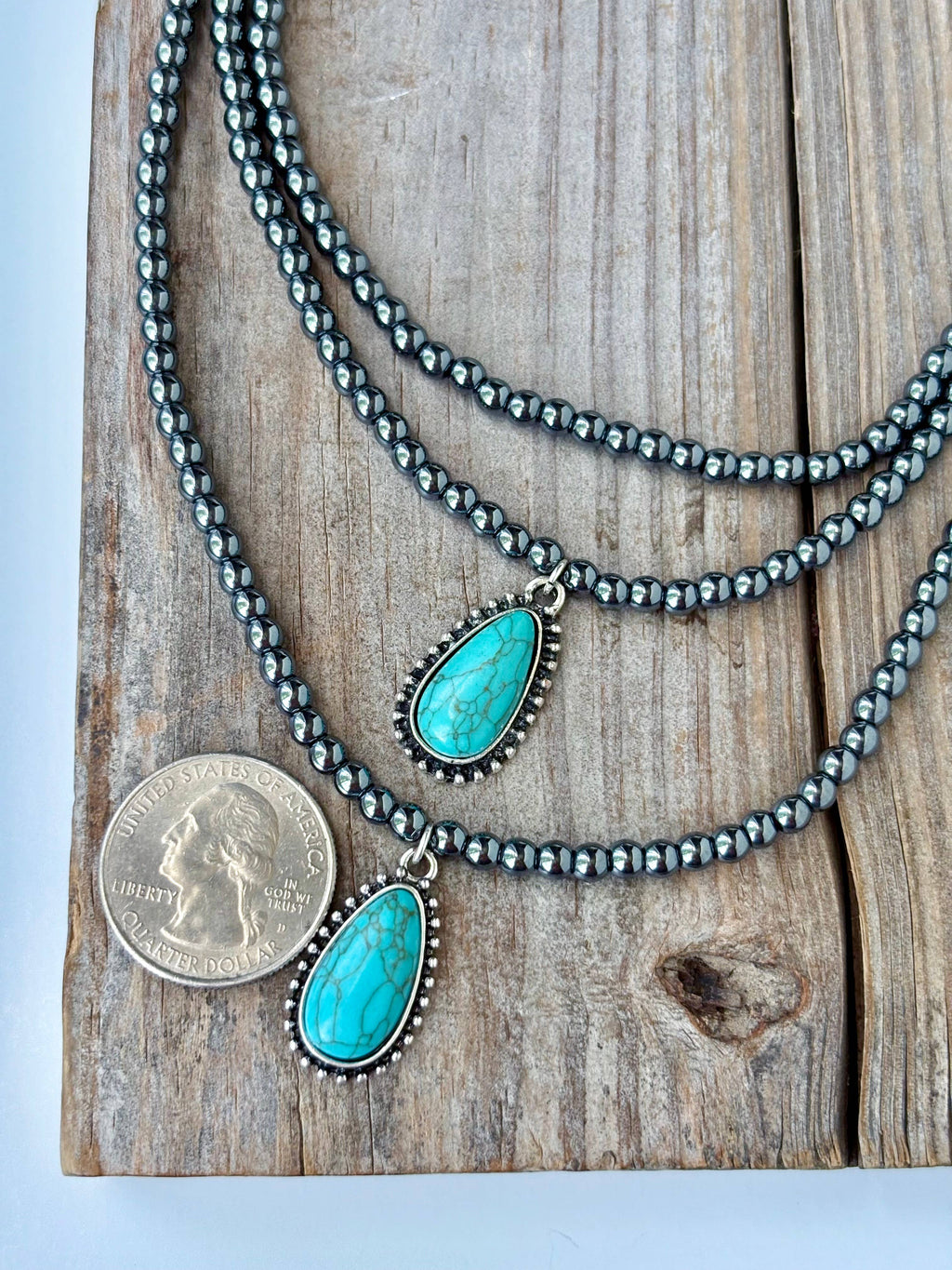 3 Layer Beaded Necklace w/ Teardrop Turquoise Stone Pendant