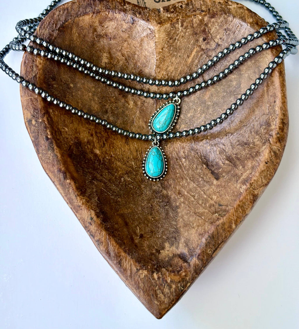 3 Layer Beaded Necklace w/ Teardrop Turquoise Stone Pendant