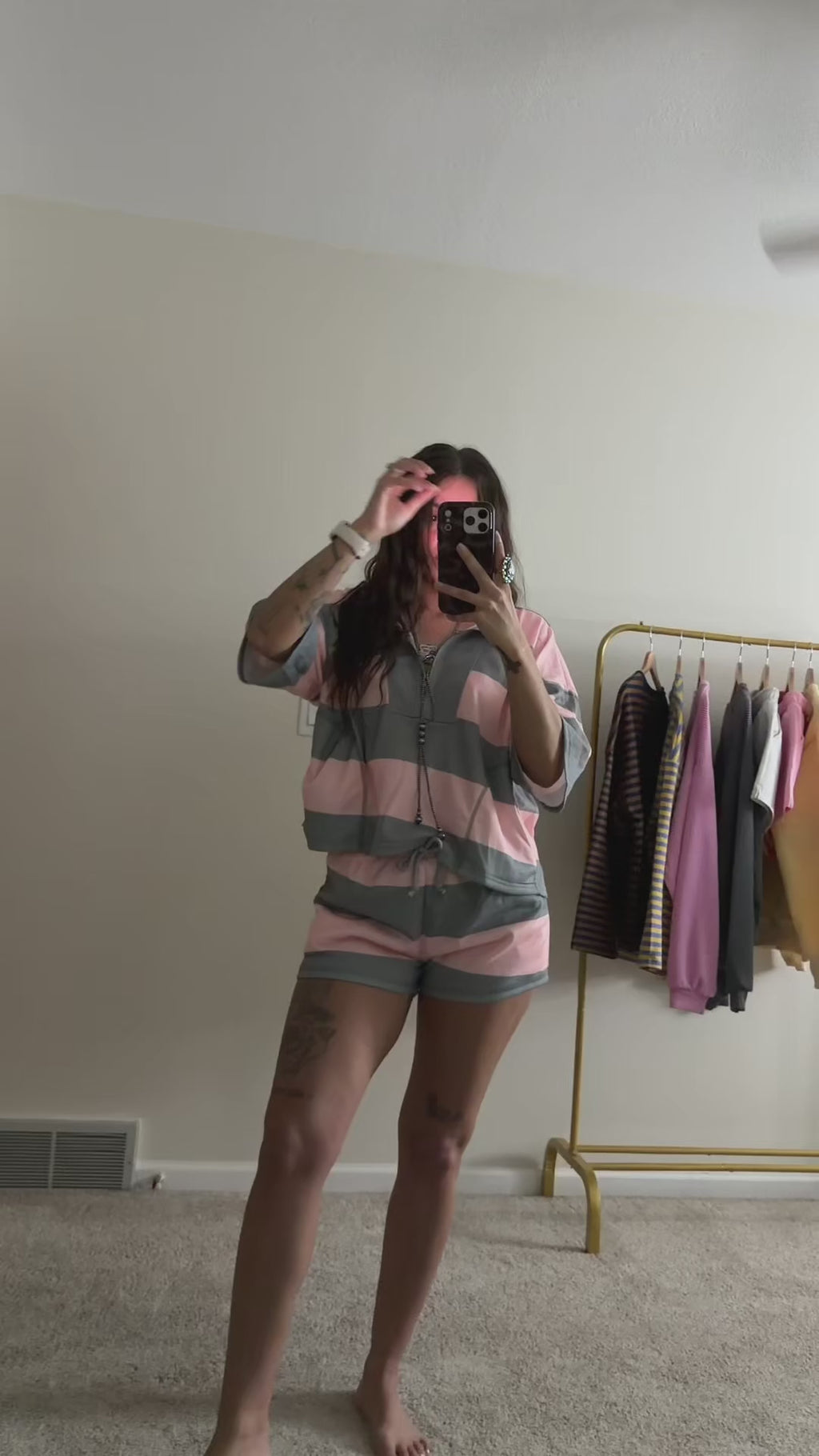 Vintage Striped Front-Zip Top & Shorts Set
