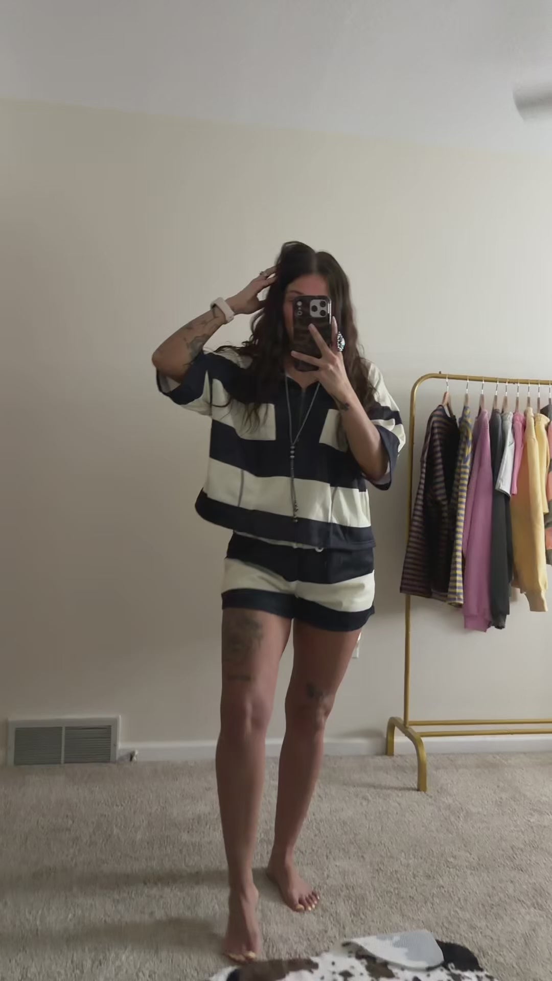 Vintage Striped Front-Zip Top & Shorts Set