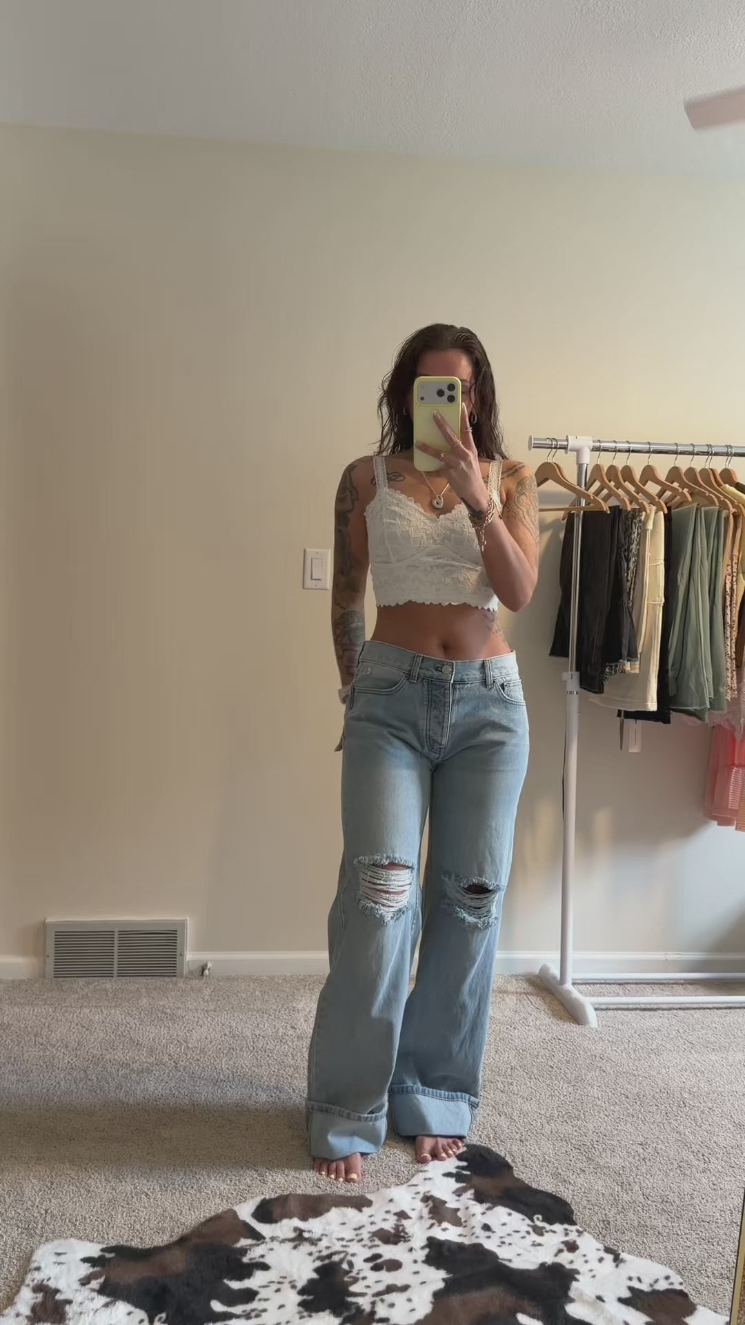 Vintage Fold & Distressed Wide-Leg Jeans